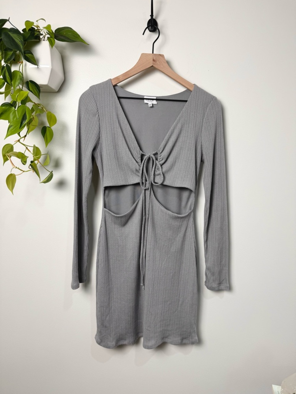 LE LIS Ribbed Cutout Mini Dress Gray Long Sleeve Tie Front Bodycon Size M